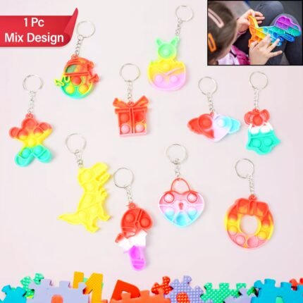 Compact Silicone Pop it Keychain Toy Birthday Return Gift of Child Portable Bubble Popping Fun Stress Relief Fidget Toy (mix design 1 Pc)