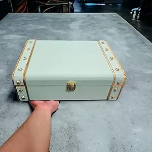 Vintage Decorative Storage Trunk Box Mint Green Wooden Organizer with Gold Accents & Metal Lock | Multipurpose Jewellery, Keepsake, Gift Box for Home D?cor (WHITE)