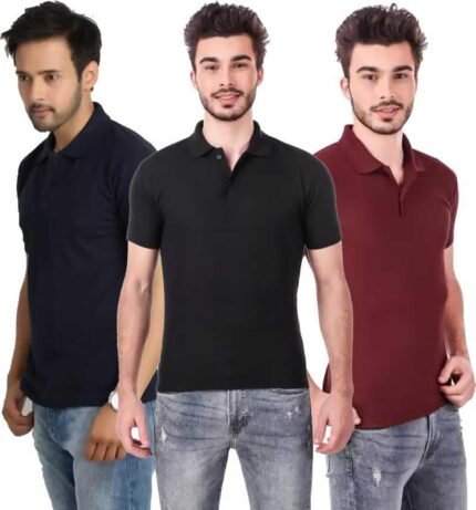 Men's Polo Neck Short Sleeve Casual Tshirt Combo of Dark Blue, Maroon, Black colors (Pack of 3)
