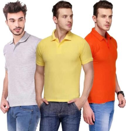 Men's Polo Neck Short Sleeve Casual Tshirt Combo of Orange, Grey, Yellow colors (Pack of 3)