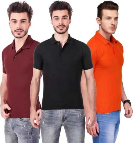 Men's Polo Neck Short Sleeve Casual Tshirt Combo of Maroon, Black, Orange colors (Pack of 3)