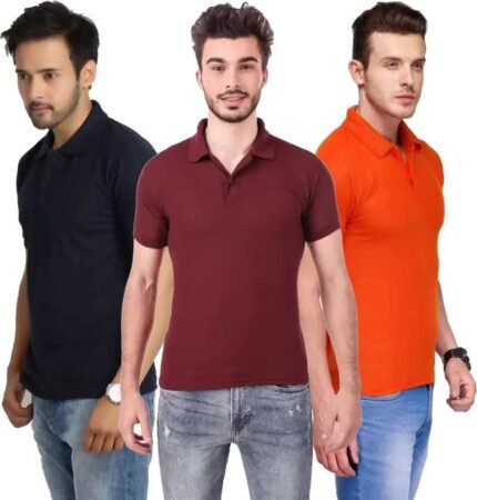 Men's Polo Neck Short Sleeve Casual Tshirt Combo of Dark Blue, Maroon, Orange colors (Pack of 3)